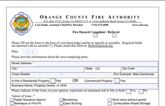 Orange County Fire Department Report Hazard form
